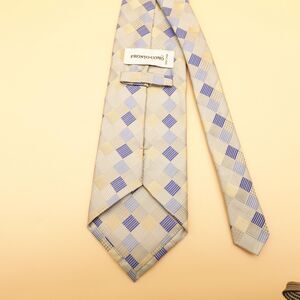 Pronto Uomo Tie Mens 100% Silk Beige Blue Geometric Checkered Jacquard Pattern